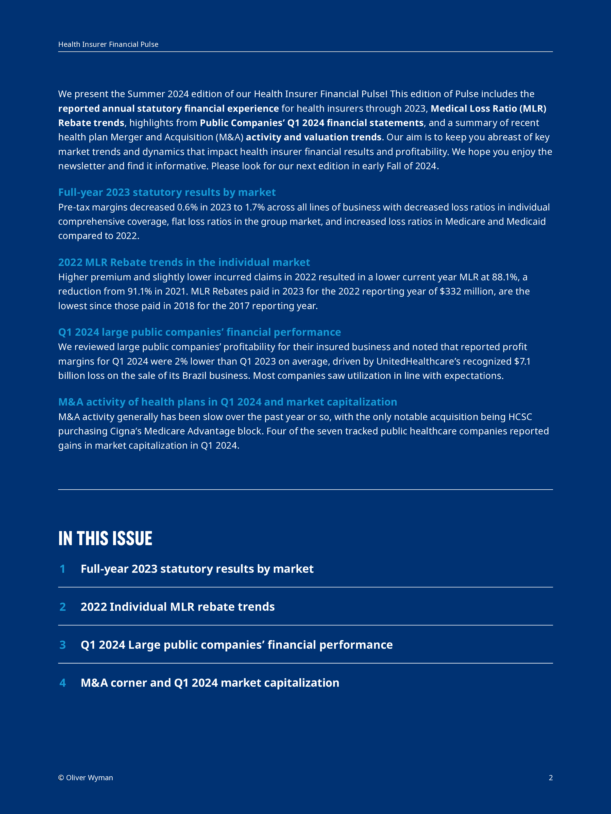 奥纬咨询OliverWyman2024年夏季版健康保险公司财务脉搏报告英文版19页